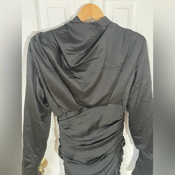 House of CB London Dress Small Giorgiana Ruched Long Sleeve Satin Black Party - Picture 4 of 8